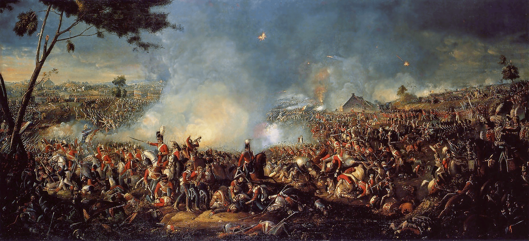 Painting of British infantry and cavalry engaging French forces at the Battle of Waterloo, by William Sadler